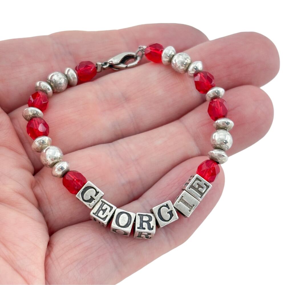 Vintage Sterling Silver 925 Georgie Red Glass Bracelet 6.25"